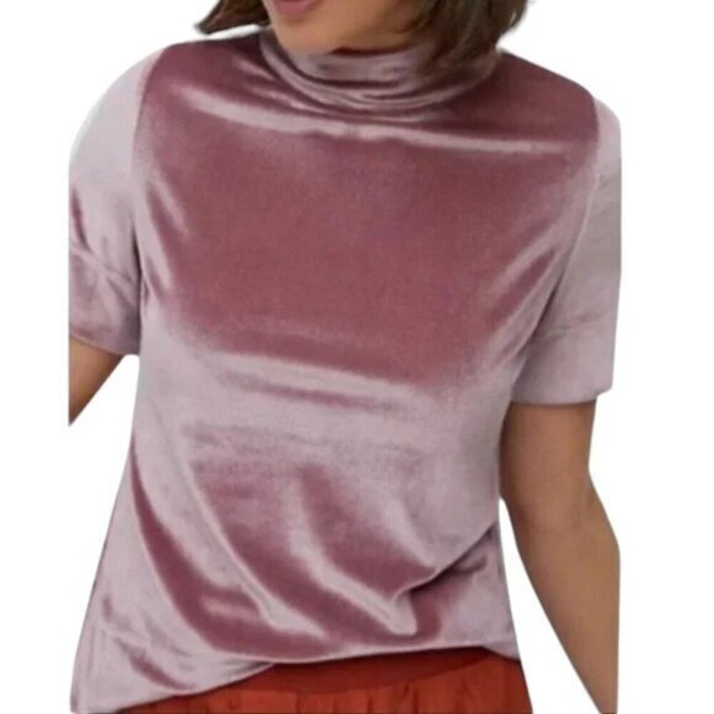 Anthropologie Mauve Pink Velvet Mock Neck Short Sleeve Blouse Size Med EUC #7188
